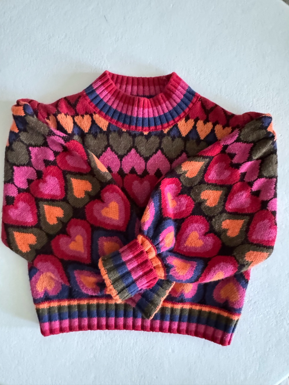FARM Rio Multicolor Heart Jacquard Crewneck Sweater - Pink, Orange, Brown, Blue
